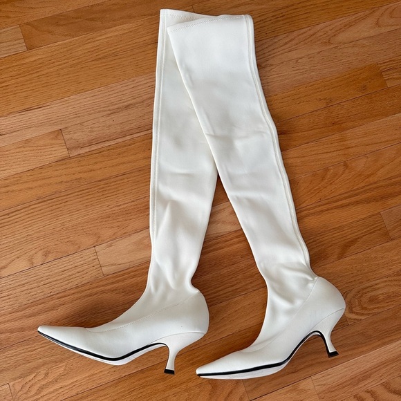 Khaite Taylor Women's White Over-the-Knee Neoprene Kitten Heel Boots - Picture 1 of 5